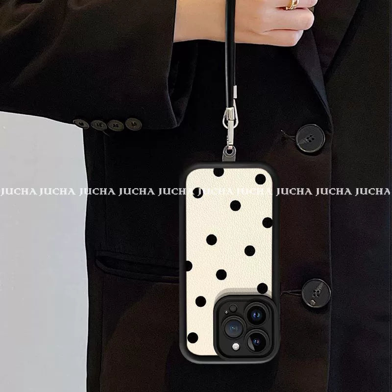 Polka dot panda, luxurious smartphone case with stand, string and stick-on decoration, compatible with iPhone