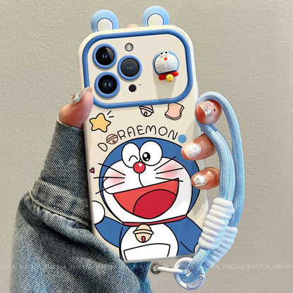 A luxurious smartphone case with a Doraemon motif and a drawstring for iPhone