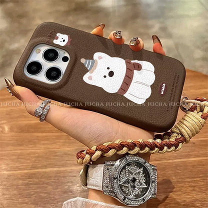 A luxurious smartphone case with a string attached, designed with a puppy wearing a scarf, excellent shock and vibration resistance, and compatible with iPhones.