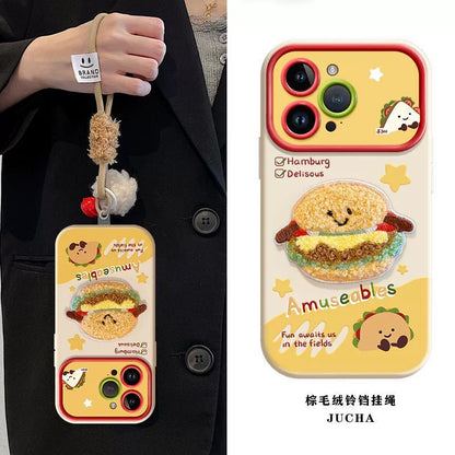 Fluffy hamburger, luxurious smartphone case with string and sticker decoration, compatible with iPhone