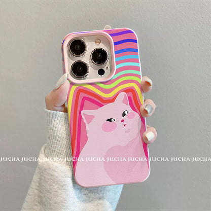 A luxurious smartphone case with a colorful striped pink cat design, excellent shock and vibration resistance, compatible with iPhone