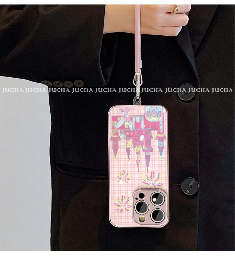 A luxurious smartphone case with a string that incorporates a pink castle design. Compatible with iPhone