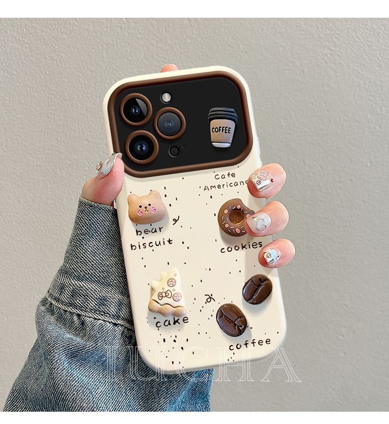 A three-dimensional coffee and little bear design, a luxurious smartphone case with a drawstring, compatible with iPhone