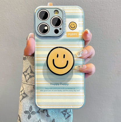 Stripes and smiley face design, luxurious smartphone case with strap and stand, compatible with iPhone