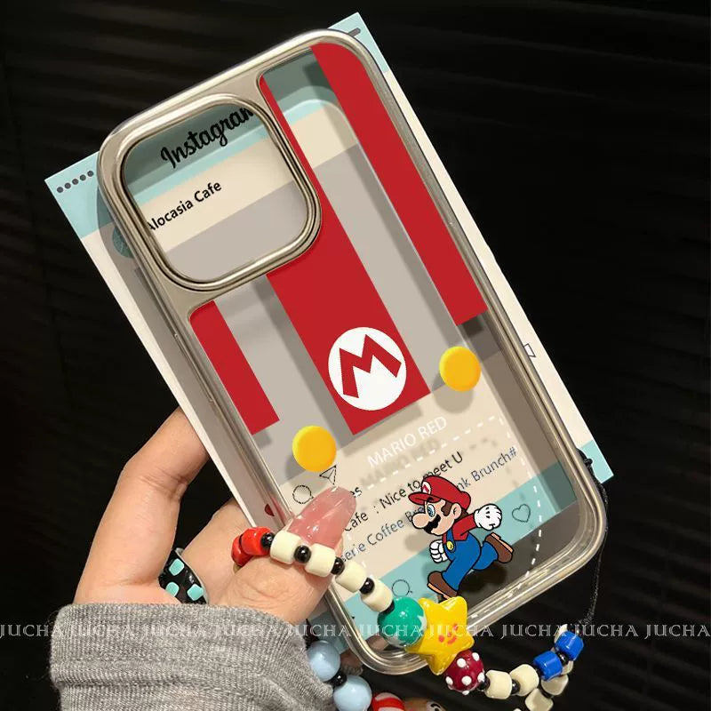 A luxurious smartphone case with a string, featuring a Coin Mario motif, compatible with iPhone