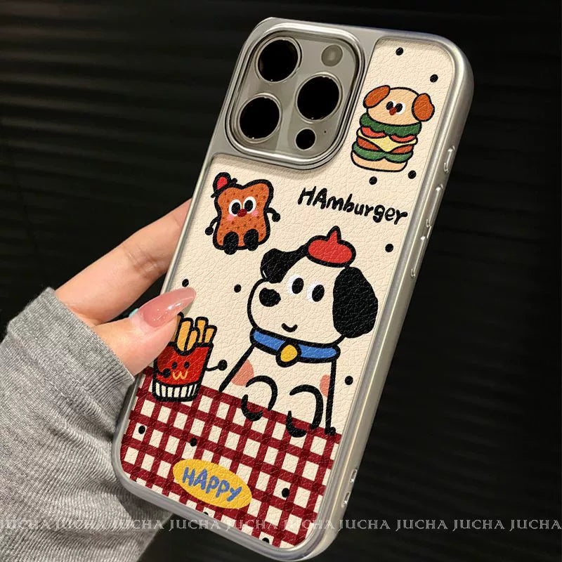 ハンバーガーと子犬のデザイン  高級感 あふれる 紐付き スマホケース  iPhone に対応