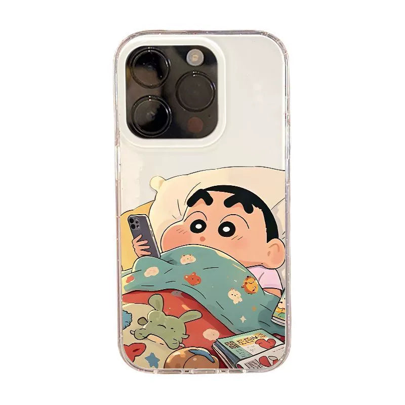 Sleeping Shin-chan design. Made of silicone, highly shock-resistant and luxurious smartphone case with drawstring, compatible with iPhone