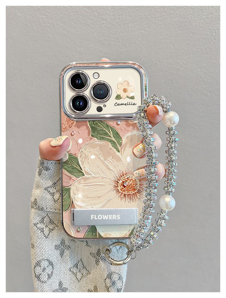 Oil painting style camellia pattern, luxurious smartphone case with drawstring and stand, compatible with iPhone