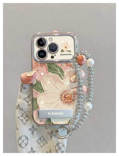 Oil painting style camellia pattern, luxurious smartphone case with drawstring and stand, compatible with iPhone