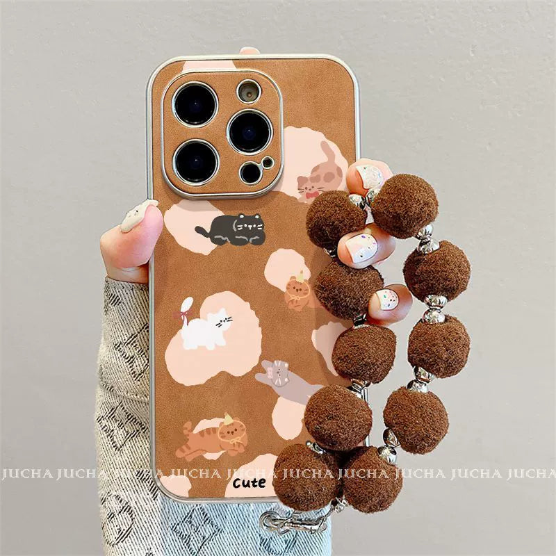 Cute cats playing design, excellent shock and vibration resistance, luxurious smartphone case with string, compatible with iPhone