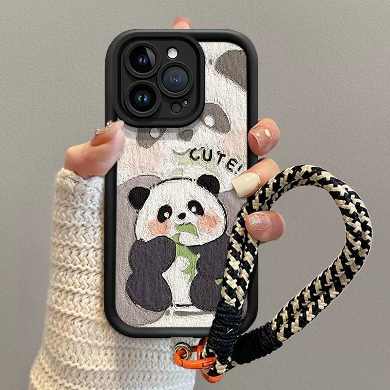 Oil painting style panda design, excellent shock and vibration resistance, luxurious smartphone case with drawstring, compatible with iPhone