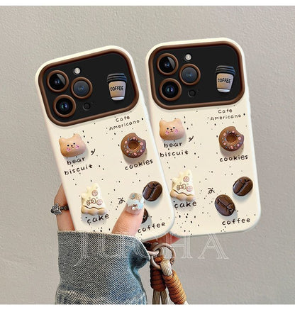 A three-dimensional coffee and little bear design, a luxurious smartphone case with a drawstring, compatible with iPhone