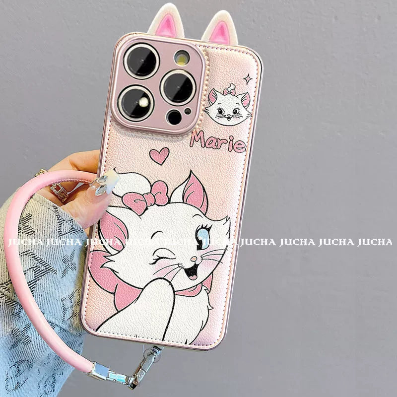 A luxurious smartphone case with a string, featuring a pink-eared Marie Cat design, excellent shock and vibration resistance, and compatible with iPhones.