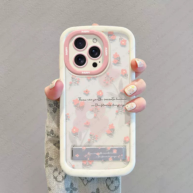 Pink floral pattern, luxurious smartphone case with stand and string, compatible with iPhone