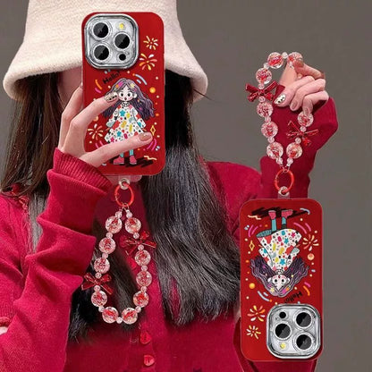 A cute girl with a fireworks background. Design: Made of silicone, this case is shock-resistant and luxurious with a chain. Compatible with iPhones.