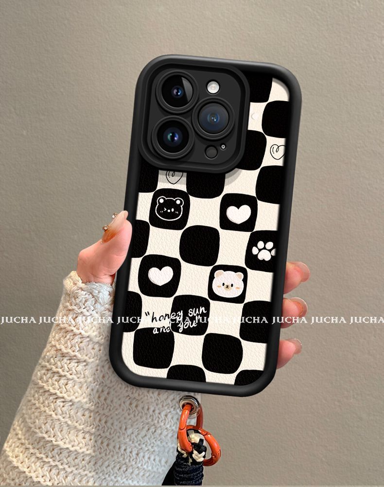 A black and white heart-shaped bear design, excellent shock and vibration resistance, and a luxurious smartphone case with a string that is compatible with iPhones