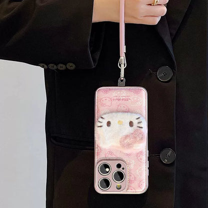 立体のぬいぐるみ風 Hello Kitty  デザイン  高級感あふれる 紐付き スマホケース  iPhone に対応