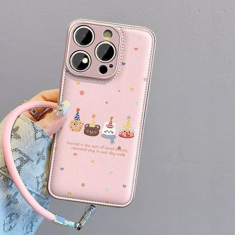 A luxurious smartphone case with a string, featuring a cookie animal motif, compatible with iPhone