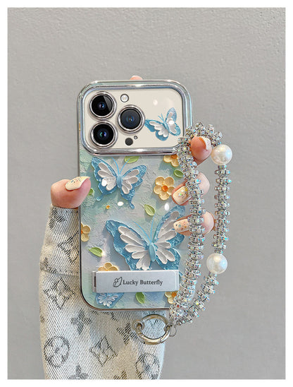 Blue oil painting style butterfly, luxurious smartphone case with string and stand, compatible with iPhone