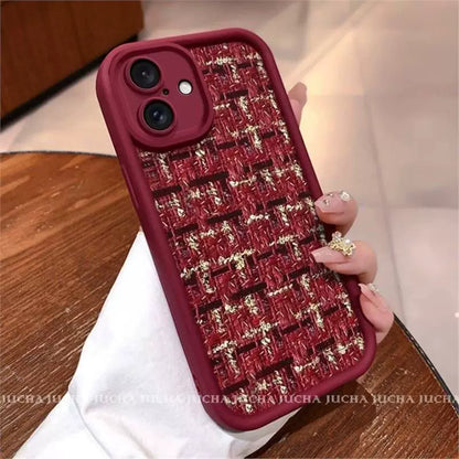 A luxurious, fully-covered smartphone case made of Chanel-style knitted material for the iPhone