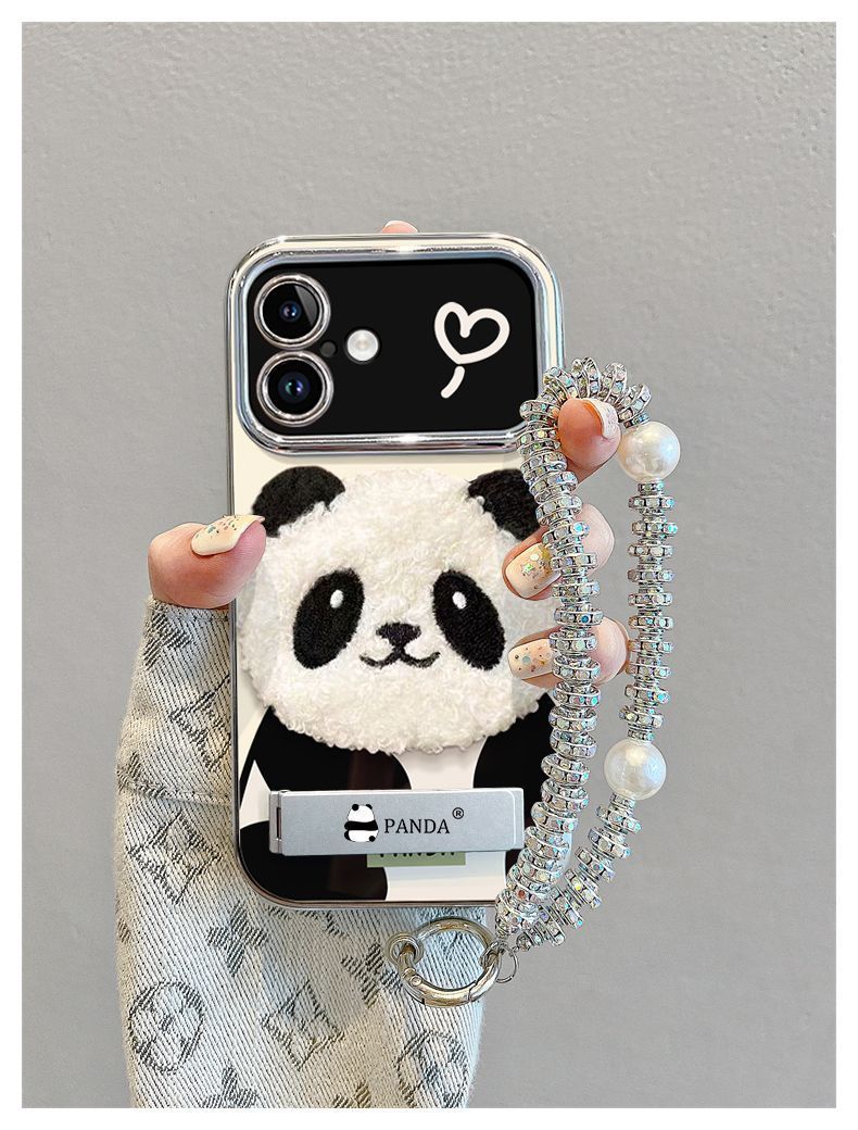 A three-dimensional fluffy panda design with a luxurious feel. Comes with a drawstring and stand. Smartphone case for iPhone.