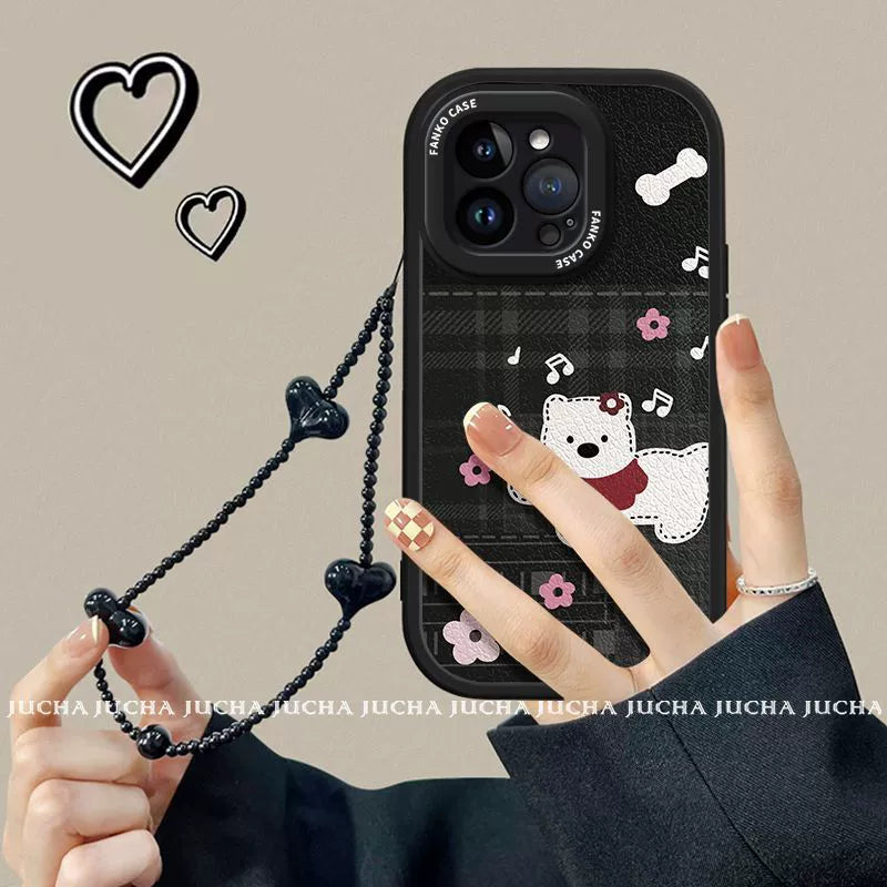 A luxurious smartphone case with a string, designed with a music-loving white puppy, excellent shock and vibration resistance, and compatible with iPhones