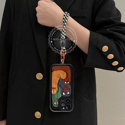 A luxurious smartphone case with a drawstring and a design of four wide-eyed insects, compatible with iPhones