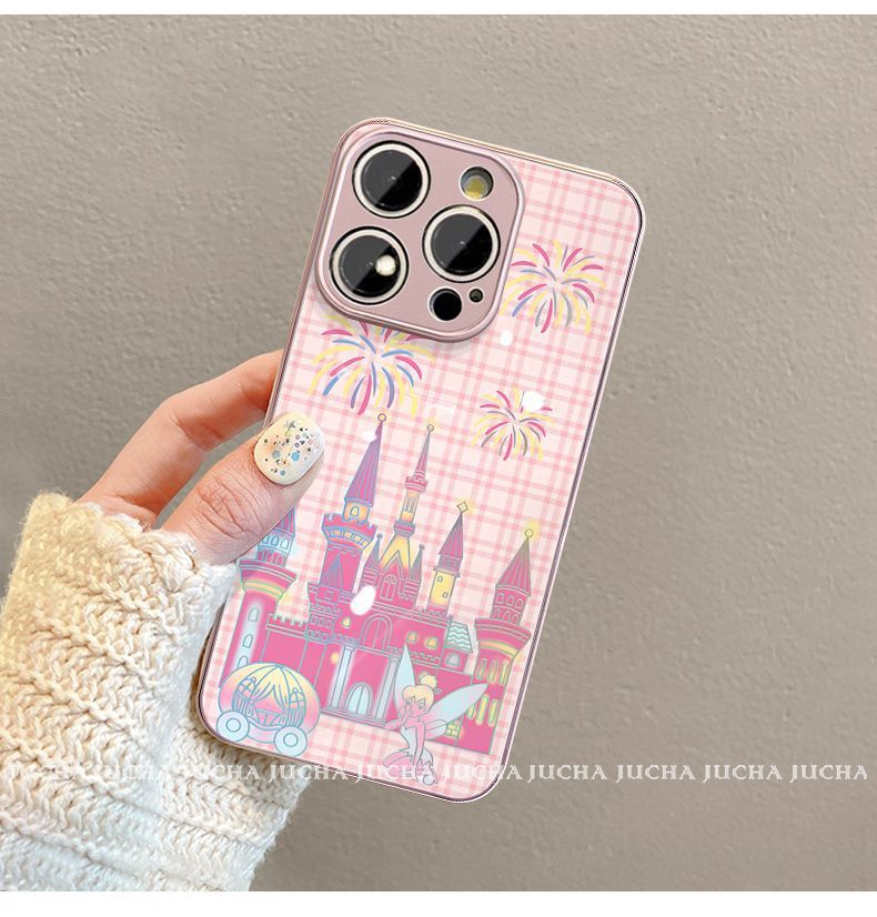 A luxurious smartphone case with a string that incorporates a pink castle design. Compatible with iPhone