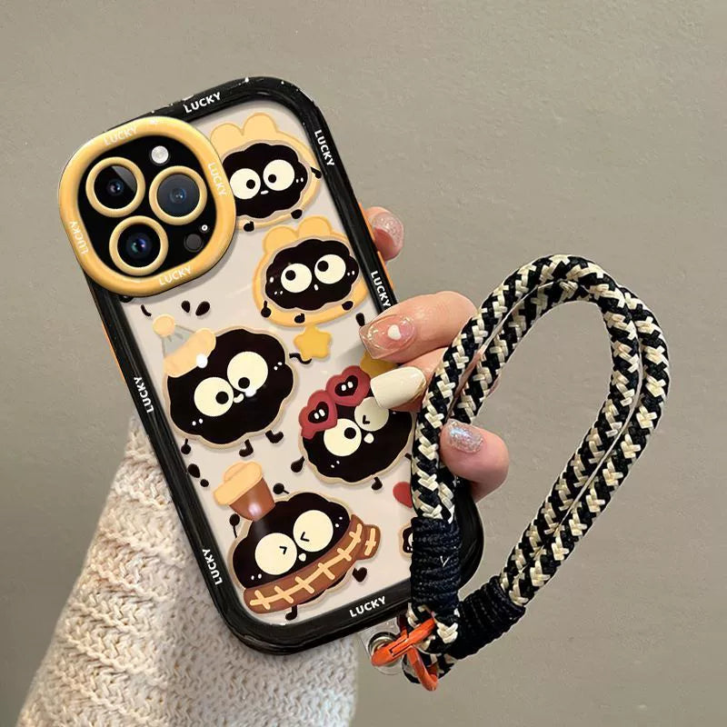 A luxurious smartphone case with a cord that incorporates a lucky soot ball design for iPhone