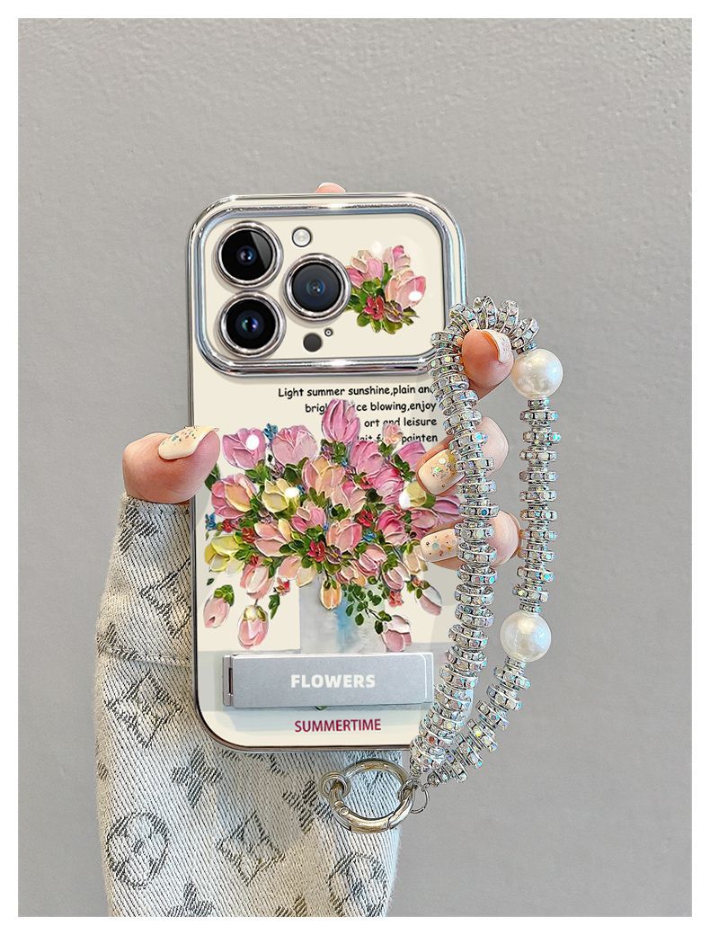 Romantic oil painting flower design, luxurious bracelet and stand included, smartphone case for iPhone