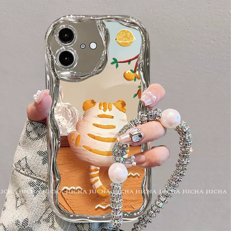 Orange cat jumping over a fence. Luxury design. Smartphone case with bracelet. Compatible with iPhone.