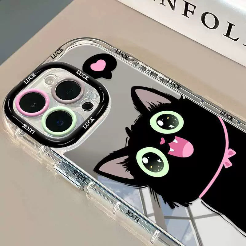 A luxurious smartphone case with a mirrored loving cat design, excellent shock and vibration resistance, and compatible with iPhones.