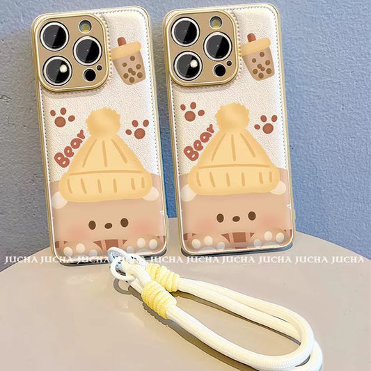 Milk tea and bear, luxurious smartphone case with drawstring, compatible with iPhone