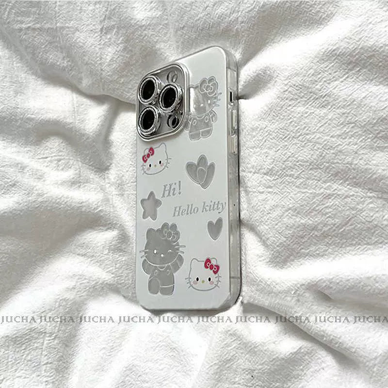 Hello Kitty design Hollywood-style watermark pattern, silicone shock-resistant, luxurious smartphone case, compatible with iPhone