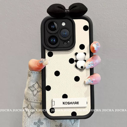 Polka dot panda, luxurious smartphone case with stand, string and stick-on decoration, compatible with iPhone