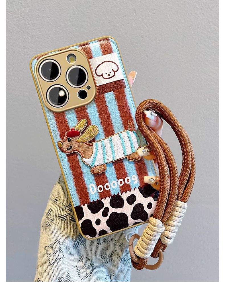 A luxurious smartphone case with a striped embroidered dog design and a drawstring that is compatible with iPhones