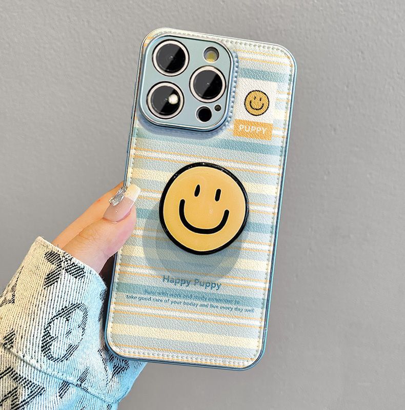 Stripes and smiley face design, luxurious smartphone case with strap and stand, compatible with iPhone