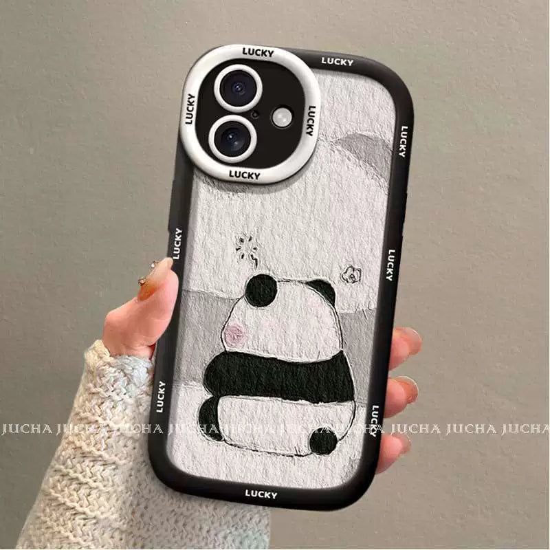 A luxurious smartphone case with a cute panda motif and a drawstring for iPhone