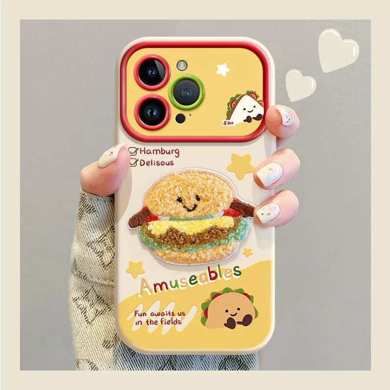 Fluffy hamburger, luxurious smartphone case with string and sticker decoration, compatible with iPhone