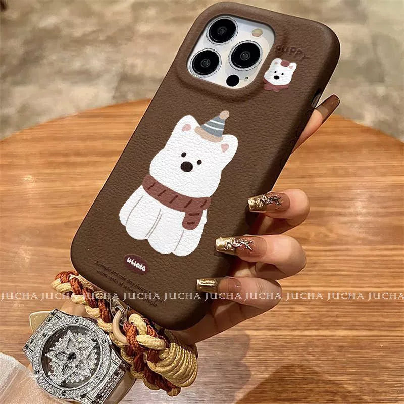 A luxurious smartphone case with a string attached, designed with a puppy wearing a scarf, excellent shock and vibration resistance, and compatible with iPhones.