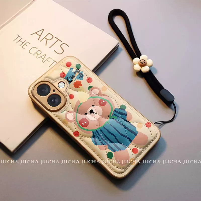 A bear wearing striped clothing. A luxurious silicone full-cover smartphone case with a drawstring. Compatible with iPhones.