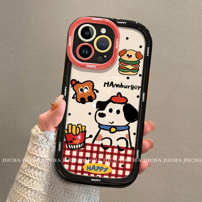 A luxurious smartphone case with a drawstring that incorporates potato and dog designs. Compatible with iPhones.