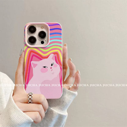 A luxurious smartphone case with a colorful striped pink cat design, excellent shock and vibration resistance, compatible with iPhone