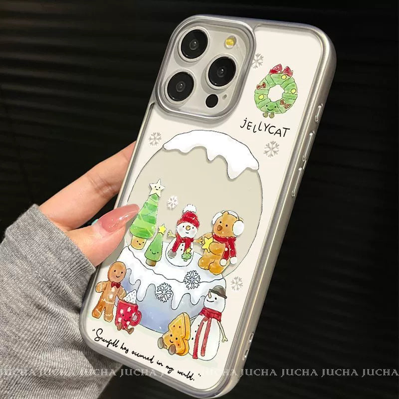 クリスマスツリーと雪だるま デザイン  高級感あふれる 紐付き スマホケース、iPhone に対応