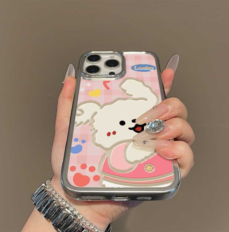 Pink puppy design. Made of silicone, highly shock-resistant and luxuriously decorated smartphone case, compatible with iPhone.