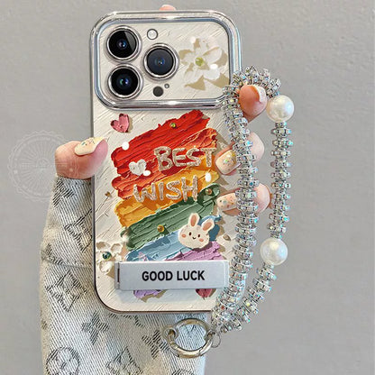 Rainbow colored lucky rabbit, luxurious smartphone case with stand and string, compatible with iPhone