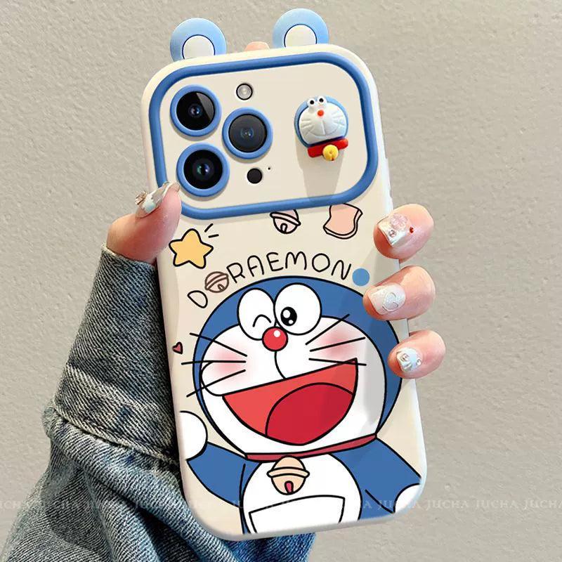 A luxurious smartphone case with a Doraemon motif and a drawstring for iPhone