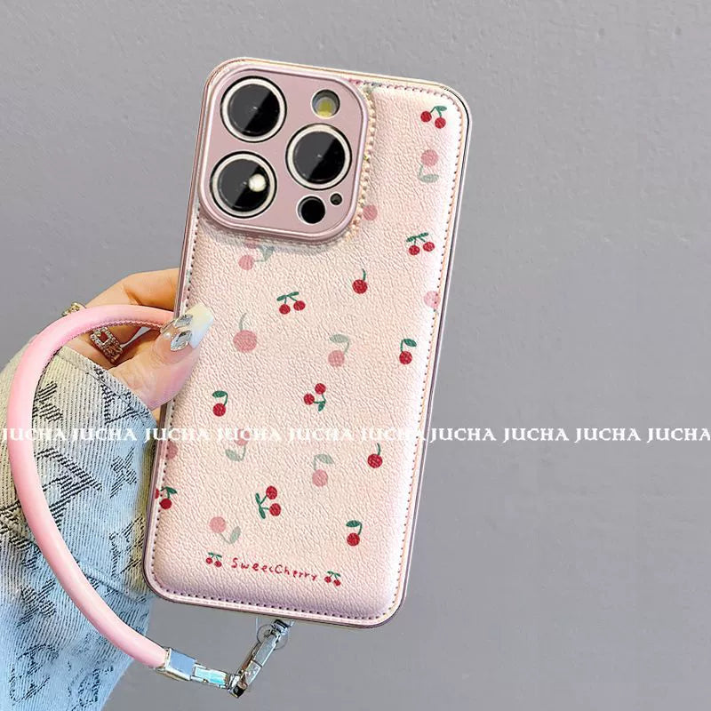 小さな桜桃のデザイン  高級感あふれる 紐付き スマホケース  iPhone に対応