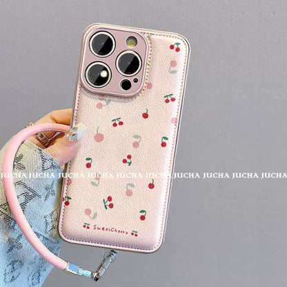 小さな桜桃のデザイン  高級感あふれる 紐付き スマホケース  iPhone に対応