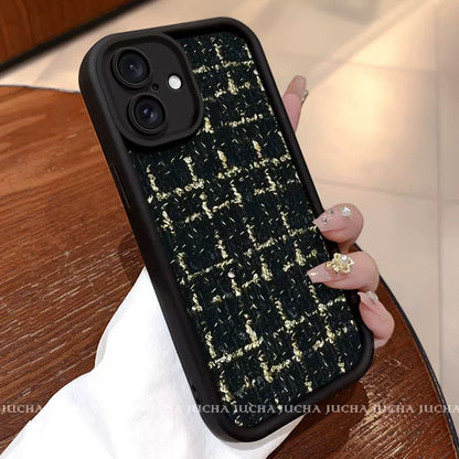 A luxurious, fully-covered smartphone case made of Chanel-style knitted material for the iPhone